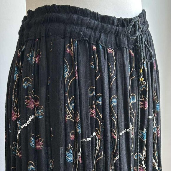 Boho Black Embroidered Sequin Mirror-Work Maxi Skirt, Drawstring Waist – US Free - Picture 1 of 11